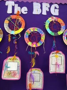 some paper plates are hanging on a purple wall with the words the bffg