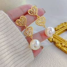 Material: Imitation pearl Color: Gold Fashion Element: Round Style: Fashion OL Chinese Earrings, French Retro, Hollow Heart, Golden Heart, Valentines Jewelry, Pearl Color, Gold Fashion, Jewellery Collection, Pearl Drop