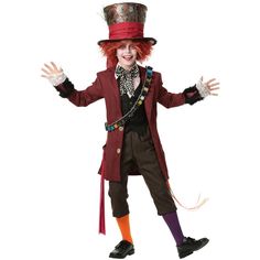 a man dressed up as the mad hatter with his hands in the air while standing on one leg