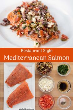 the ingredients for mediterranean salmon are shown in this collage