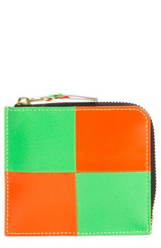 Fluorescent orange-and-green squares bring can't miss color and pattern to a compact wallet crafted of leather and finished with a glinting zip. Partial zip-around closure Interior wall pocket Leather Made in Japan Multicolor Leather Rectangular Wallet, Designer Square Wallets For Everyday, Multicolor Leather Wallets, Designer Square Wallets, Modern Multicolor Rectangular Wallets, Orange Rectangular Wallet With Interior Card Slots, Orange Rectangular Wallets With Interior Card Slots, Green Rectangular Wallet With Rfid Blocking, Orange Rectangular Wallets With Card Slots