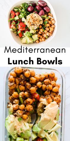 two pictures with different foods in them and the words mediterranean lunch bowls on top of it