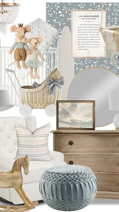 a baby's room with blue and white decor, including a rocking chair, dresser,