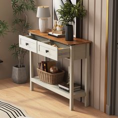 a living room with a table, mirror and plant on it's sideboard