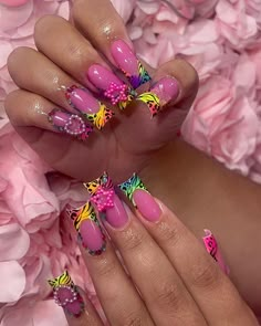 #nails #nailart #nailtech #nailsoftheday #pinknails #nailsart #baddienails #naildesign #summernails #fashion #style #summervibes #inspo Lisa Frank Nails Short, Lisa Frank Inspired Nails, Lisa Frank Nails Acrylic, Ducky Nails, Nail Inspo French Tip, Monkey Nails, Nail Inspo French, Medium Acrylic Nails