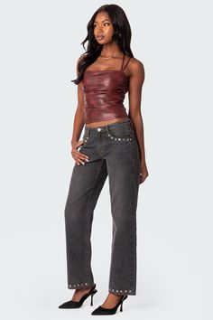 Top Adjustable straps Side ruching Back lace up closure Faux Leather Model wears size S Model height is 5'9 Item care: Hand wash Womens Low Rise Jeans, Leather Tank Top, Womens White Jeans, Black Jeans Women, Faux Leather Top, Swimwear Dress, Cut Jeans, Denim Fabric, Leather Top