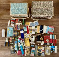 various sewing supplies laid out on a wooden floor