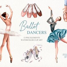 watercolor ballet clipart set with ballerinas and tutu skirted dancers