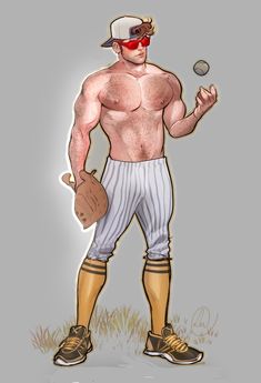 a drawing of a man in baseball uniform holding a ball and glove with one hand