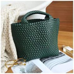 Dark Green Woven Vegan Leather Shopper Bag Large Handbag Soft Purse for Work | Baginning Green Rectangular Shoulder Bag For Fall, Large Capacity Green Bag For Fall, Rectangular Dark Green Bags For Daily Use, Trendy Green Bag With Braided Handles, Trendy Green Bags With Braided Handles, Rectangular Dark Green Bag For Daily Use, Rectangular Dark Green Bags, Green Rectangular Satchel With Braided Handles, Green Bags For Daily Use In Fall