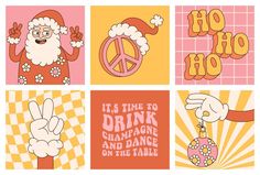 four different posters with santa claus and hippies on the same page, one has peace