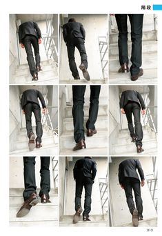 multiple pictures of a man in business attire climbing up the stairs with his foot on the ground