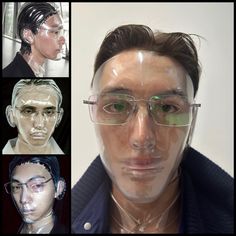 four different views of a man's face with plastic covering his eyes and nose