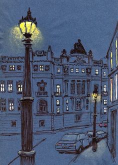 a drawing of a city street at night with cars parked on the side of the road