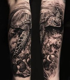 two people with tattoos on their arms, one has a sea turtle and the other is an octopus