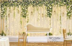 an elegant wedding setup with white flowers and greenery on the wall, gold chairs