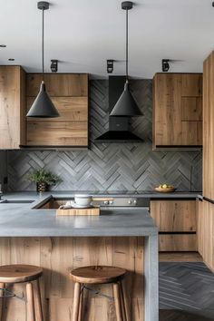 a kitchen with wooden cabinets and stools