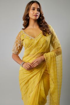 Yellow Organza Beads Embellished Saree Set by FATIZ at Pernia's Pop Up Shop 2024 Pop Up, Saree