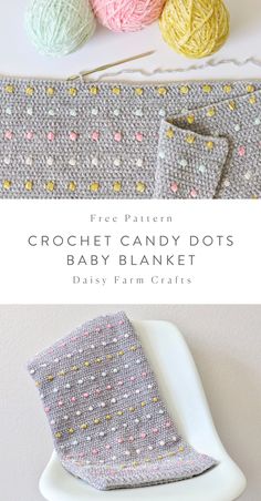 the crochet candy dots baby blanket is next to two balls of yarn