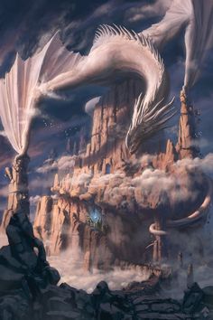 a large white dragon flying over a mountain