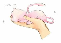 a hand holding a pink cat in it's left arm with the tail curled up