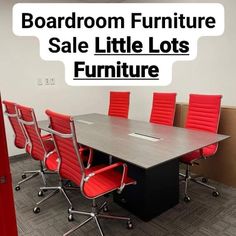 an office with red chairs and a large table in front of it that says boardroom furniture sale little lots furniture