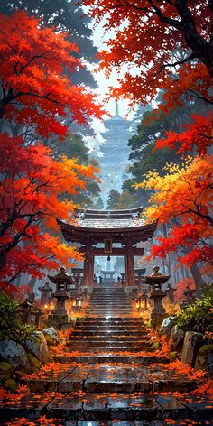 Japan Landscape Wallpaper, Autumn Landscape Wallpaper, Japan Iphone Wallpaper, Japon Illustration, Fantasy Places, Landscape Artwork, Autumn Landscape, Alam Yang Indah