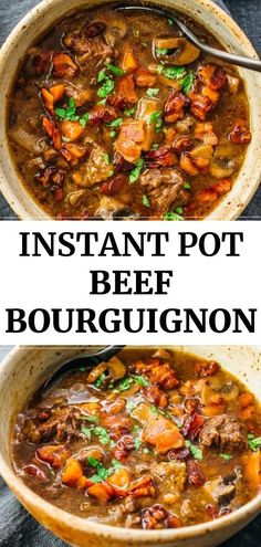 two bowls of instant pot beef bourgugnon soup with text overlay that reads instant pot beef bourguignon