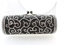 "Love. Love. Love this design! So Rich and Elegant. Heart- stoppingly beautiful! These Evening Formal tpbe-shaped Purses in ALL CLEAR, Lite Gray Scolls. Dark Hemitate with Clear Scroll will define the evening. Each is handmade. Each takes months to complete, one crystals at a time! Here at Etsy, we offer you the best quality at discounted prices, a fraction of what high priced retailers charge! These are evening bags that are fully covered in genuine, very fine, small sized Swarovski Crystals fr Black Embellished Evening Bag For Weddings, Black Embellished Clutch For Wedding, Black Embellished Wedding Clutch, Elegant Black Evening Bag With Rhinestones, Luxury Black Evening Bag For Wedding, Black Rectangular Evening Bag For Gala, Elegant Black Clutch As A Gift, Shaped Purses, Crystal Purse