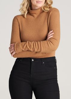 American Tall Rolled Mock Neck Sweater. This extra-long sleeve sweater fits close to the body with a rolled mock neck and a cozy knit fabric. Caramel Sweater, Extra Long Sleeve Sweater, Winter Sweater Outfits, Sweater Outfits Fall, Trendy Winter, Sweater Fits, Extra Long Sleeves, Color Full, Cozy Knit