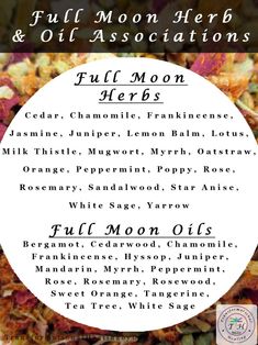 Herbs For Full Moon Ritual, Moon Herbs Witchcraft, Full Moon Oil Recipe, Herbs For Transformation, Full Moon Bath Recipe, Full Moon Recipes