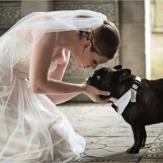 a woman in a wedding dress petting a small dog