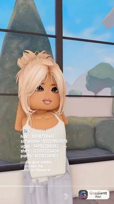 an animated doll standing in front of a window with her hands behind her head and looking at the camera