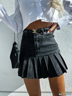 Orcajump - Modern Denim Pleated Skirt with Stylish Denim Paneling - A Trendy Denim Midi Skirt Cotton Pleated Mini Denim Skirt, Y2k High-waisted Pleated Denim Skirt, High-waisted Pleated Denim Mini Skirt, Denim Pleated Skirt, Trendy Denim, Denim Midi Skirt, Types Of Skirts, Pleated Skirt, Black