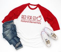 Red for Ed T-Shirt, I Wear Red for Ed Shirt, Teacher Shirt, Support Teachers, Wednesday Red for Ed, Customize Your School, Screen Printed Shirt *Please note that this is a handmade item and colors can vary slightly. *SOFT TEE with Screen Printed Design CARE INSTRUCTIONS: Turn inside out, machine wash cold & tumble dry low. Do not bleach. Do not iron directly on design. At Custom Cottage Designs our Silk Screen Printing sets us apart from the many vinyl shops out there. We take pride in custom de Screen Printed Shirt, Cottage Designs, Toddler Photos, Screen Printing Shirts, Wear Red, Screen Printing Designs, Silk Screen Printing, Wearing Red, Silk Screen