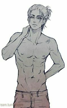 a drawing of a shirtless man with his hands on his hips