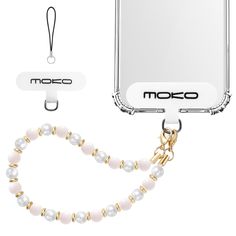 a cell phone with a white and gold beaded lanyard attached to the back of it