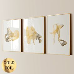 three framed art pieces with gold foil designs