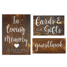 three wooden signs that say i'm loving, memory, guestbook and cards