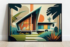 an abstract painting of a modern house with palm trees and plants in the foreground