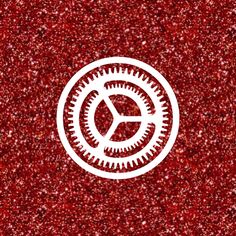 a red glitter background with a white circular logo on the bottom right corner and an image of a gear wheel in the center