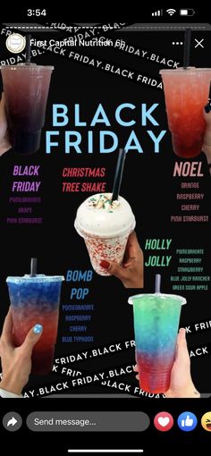 the black friday menu is shown with different drinks