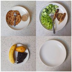 four plates with different foods on them and one has a banana, cucumbers, and chocolate