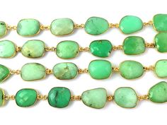 Chrysoprase Gold Plated Bezel Connector Chain - Chrysoprase Faceted Gemstone 15 To 18 mm Approx. Necklace Chain - Selling by Foot Plating : Gold Plated Metal : Brass Gemstone : Chrysoprase Stone Shape : Uneven (Free Form) Stone Size : 15 to 18mm Approx. Stone Cut : Faceted BrioletteValentine's Day gift-giversperfect gifts for Valentine's Day gift-giving occasion Chrysoprase Necklace, Gold Overlay, Types Of Gemstones, Brass Gold, Faceted Gemstones, Jewelry Creation, Handmade Pendants, Necklace Chain, Necklace Designs