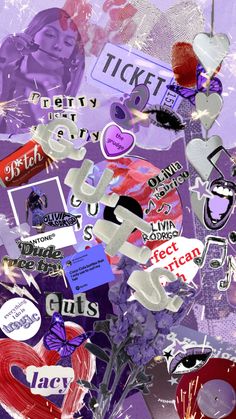 a collage of various stickers and decals on a purple background with the word love