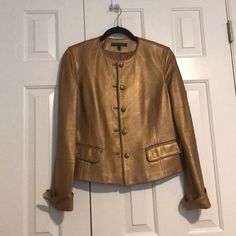 Gorgeous Golden Leather Jacket, Size 4 Length-22in Armpit To Armpit-16in Armpit To Wrist-19in Uncuffed,18in Cuffed Designer Gold Outerwear With Buttons, Gold Outerwear With Button Closure For Fall, Designer Gold Outerwear For Fall, Gold Buttoned Outerwear For Work, Gold Outerwear With Buttons For Work, Classic Fitted Gold Outerwear, Classic Gold Outerwear For Spring, Designer Fitted Gold Outerwear, Gold Fitted Designer Outerwear