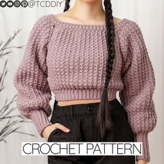 a woman with braids in her hair wearing a purple sweater and black pants, text reads crochet pattern