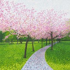 a painting of a path in the middle of a field with pink flowers on trees