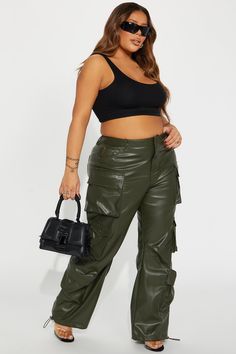 Available In Olive And Silver. Cargo Pant High Rise Button Zipper Closure Cargo Pockets Bungee Ankles Faux Leather Stretch 100% PU Imported | City Is Mine Faux Leather Cargo Pant in Olive Green size Large by Fashion Nova Olive Fashion, Cargo Pant, Fashion Nova, Olive Green, High Rise, Faux Leather, Size Medium, Size Small, Zipper