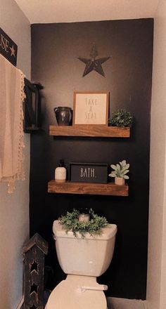 a white toilet sitting in a bathroom next to a shelf filled with potted plants